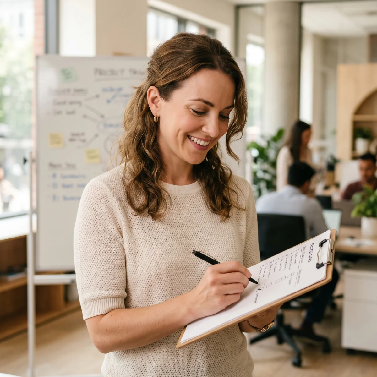 A woman holding a clipboard with a checklist