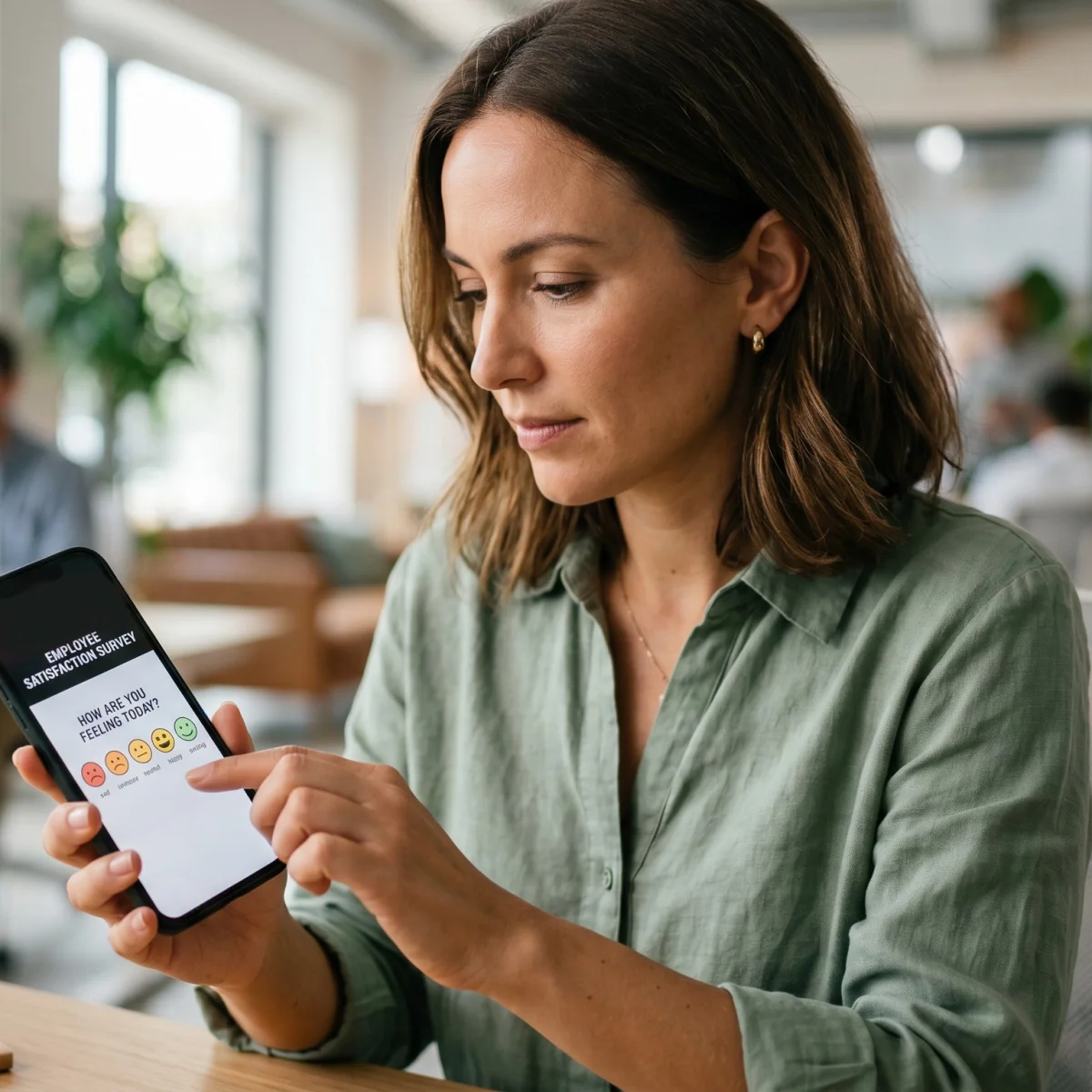 A woman taking a survey on her phone