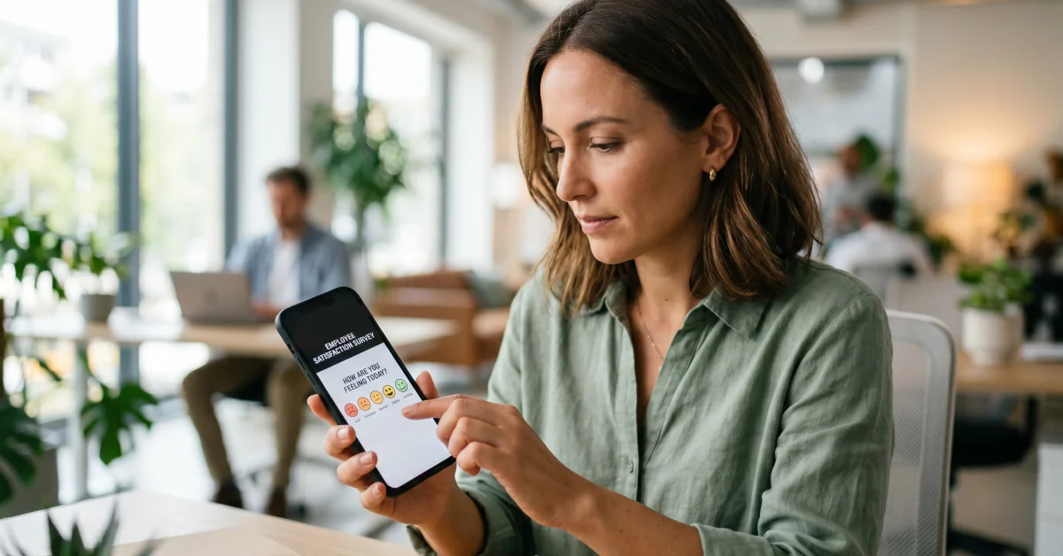 Wide shot of a woman taking a survey on her phone