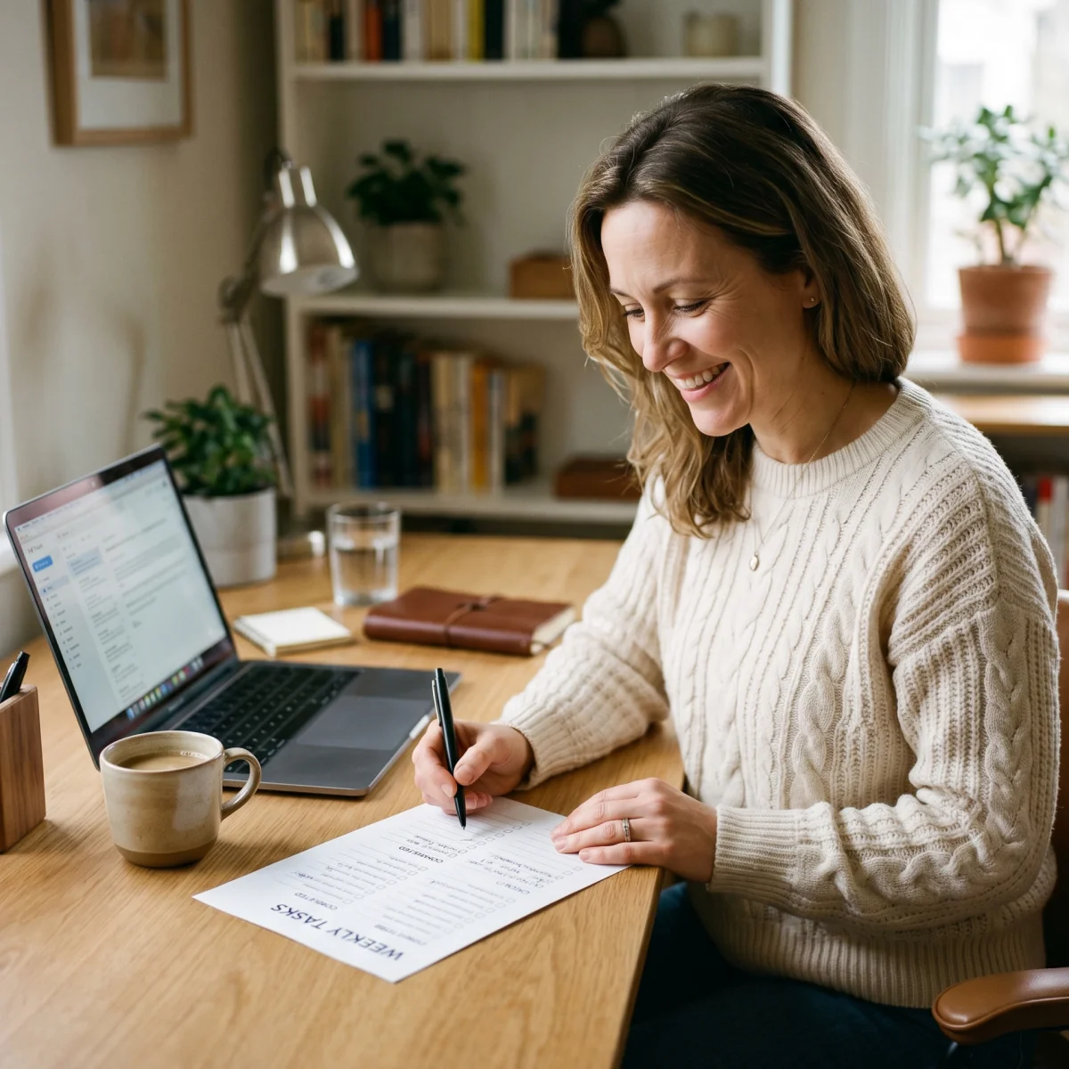 A woman at a desk reviewing a survey checklist with a cup of coffee