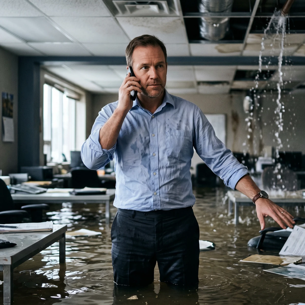 Owner in flooded office calling for assistance