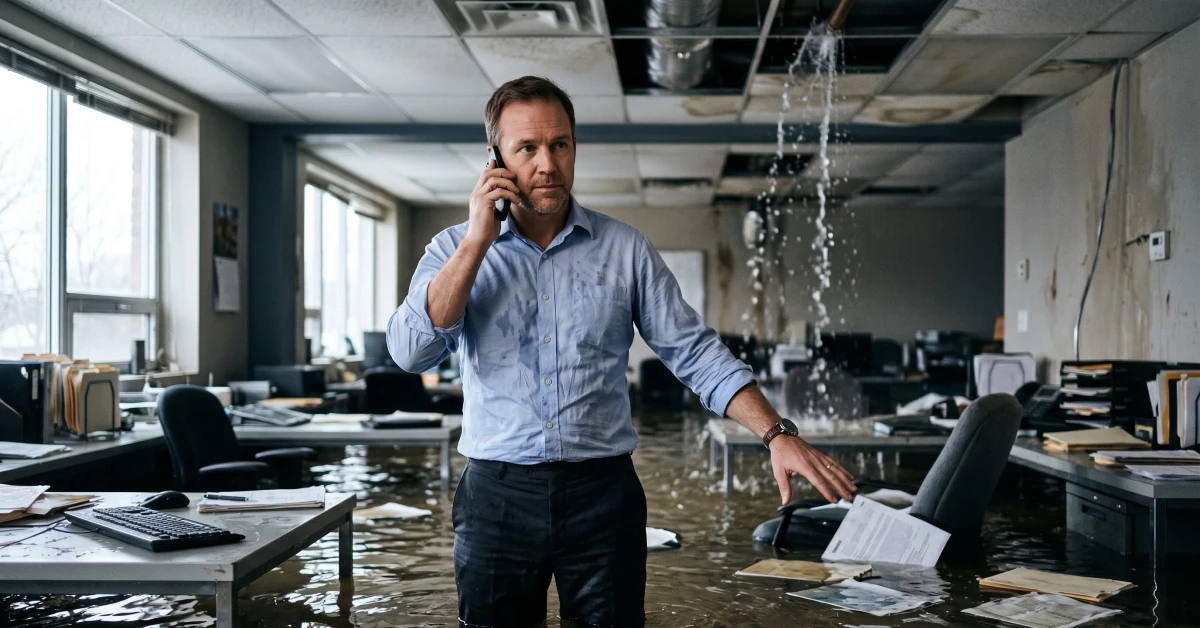 Owner in flooded office calling for assistance