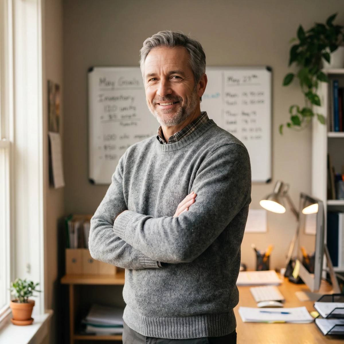Manager in front of white board risk list