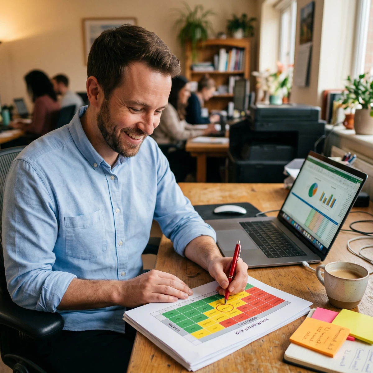 Manager plotting risks on a likelihood and impact matrix