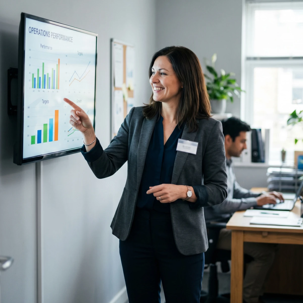 Manager reviewing risk KPIs on a wall-mounted monitor