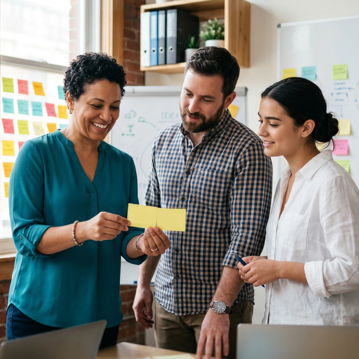 Three workers making sticky notes about risk