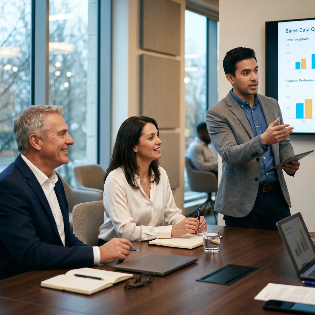 Managers in a boardroom reviewing risk and incident data