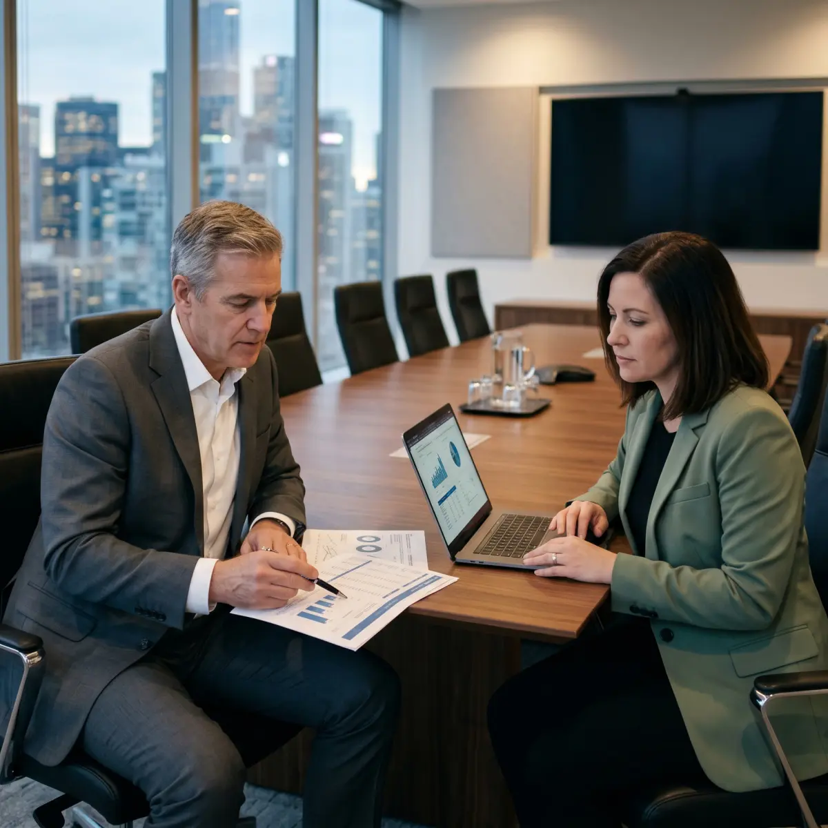 CFO and risk manager reviewing workers compensation claim costs and experience modification factor impact