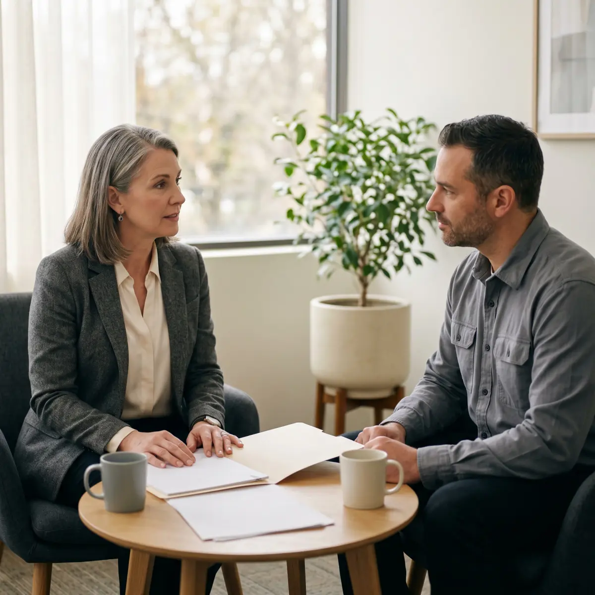 HR director and employee having a difficult conversation about permanent restrictions and next steps