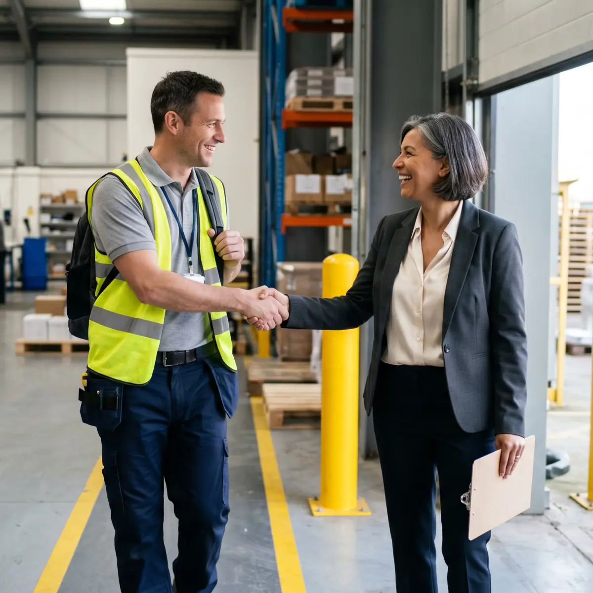 Injured employee returning to work on transitional duty, greeted by a supervisor at the start of a shift