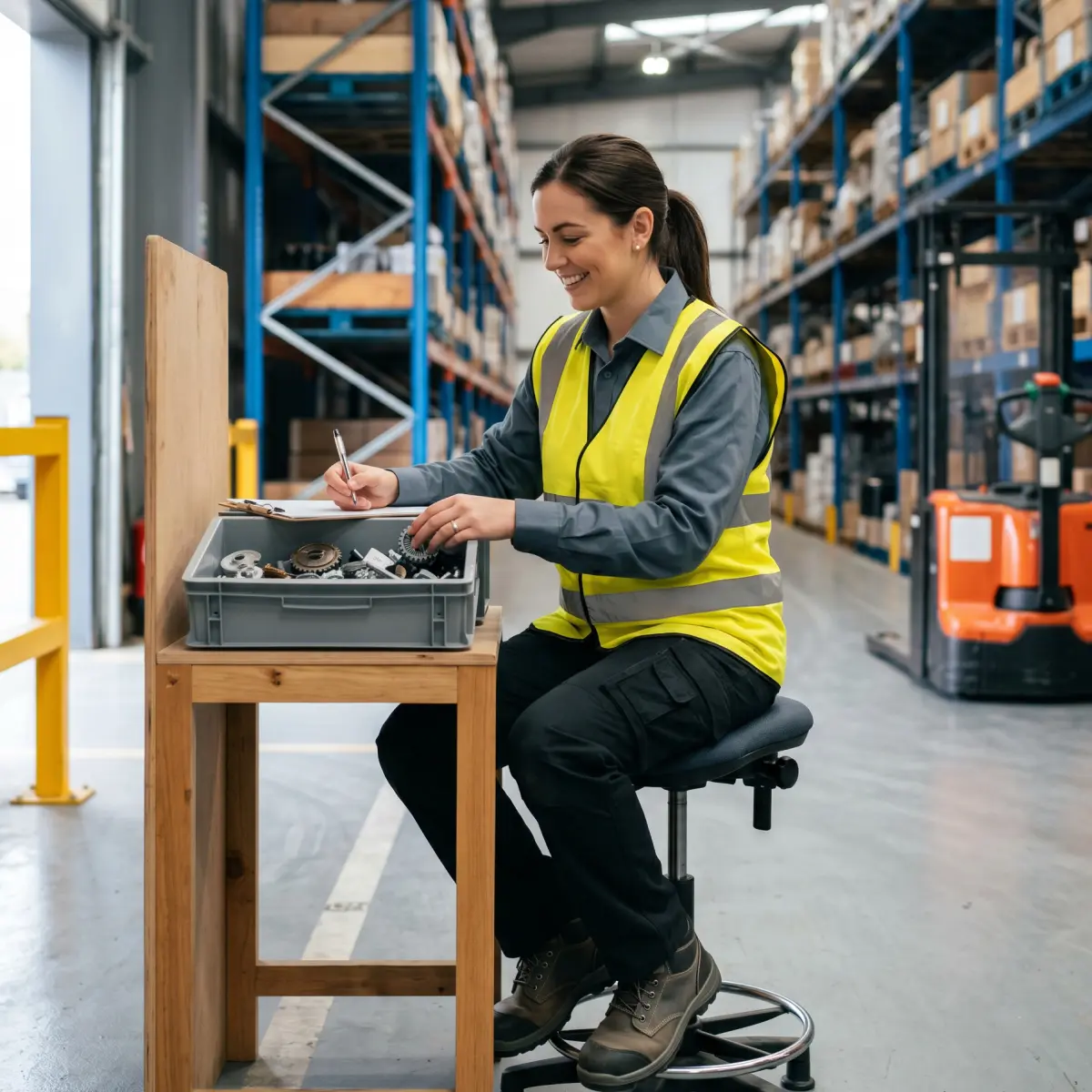 Warehouse employee performing modified duty tasks within documented physical restrictions
