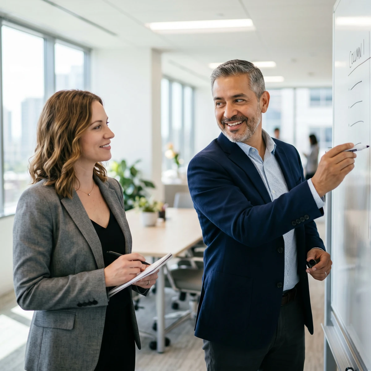 An advisor mapping the solutions to small business challenges on a whiteboard