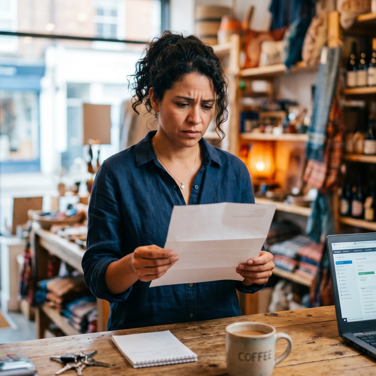 A stressed small-business owner reviewing bills, representing the real cost of small business challenges
