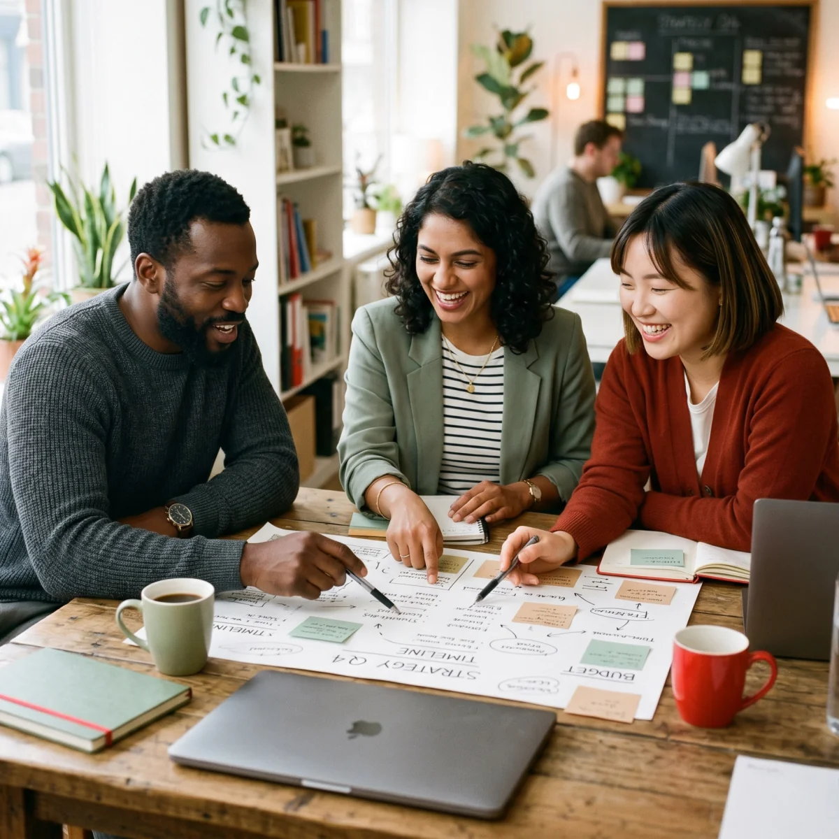 A small team planning goals together in a meeting