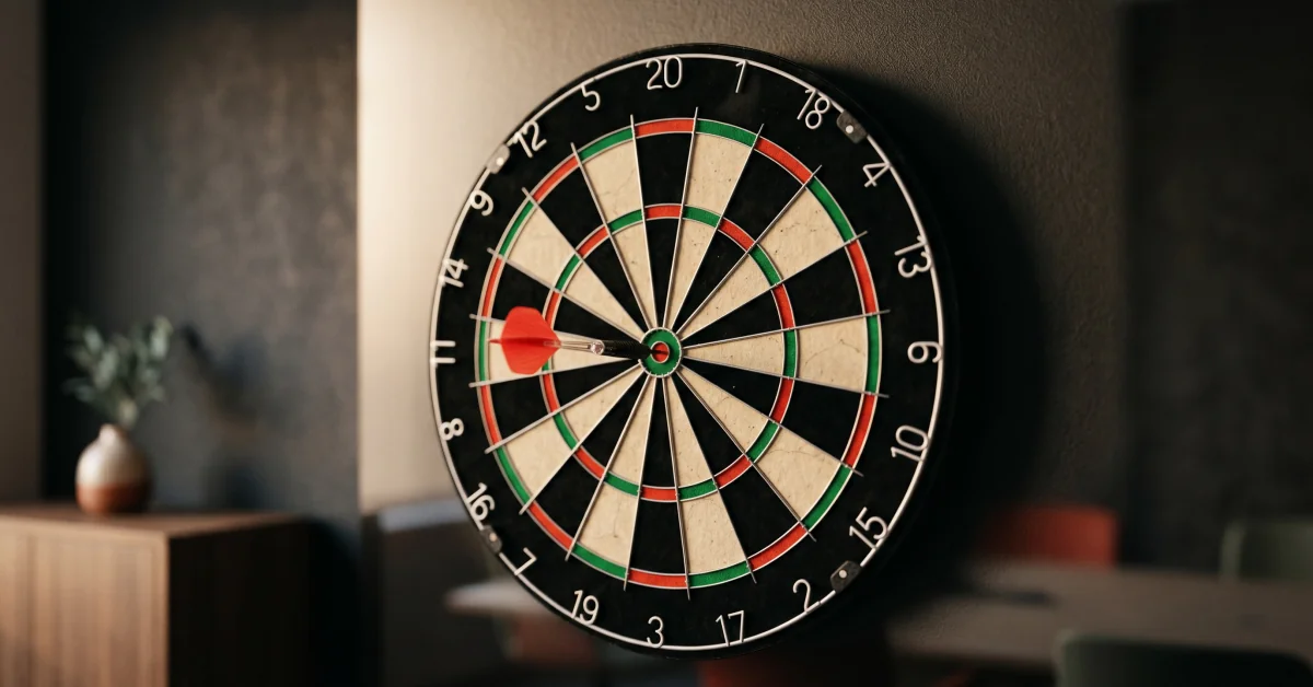 Wide shot of a dart in the center of a target