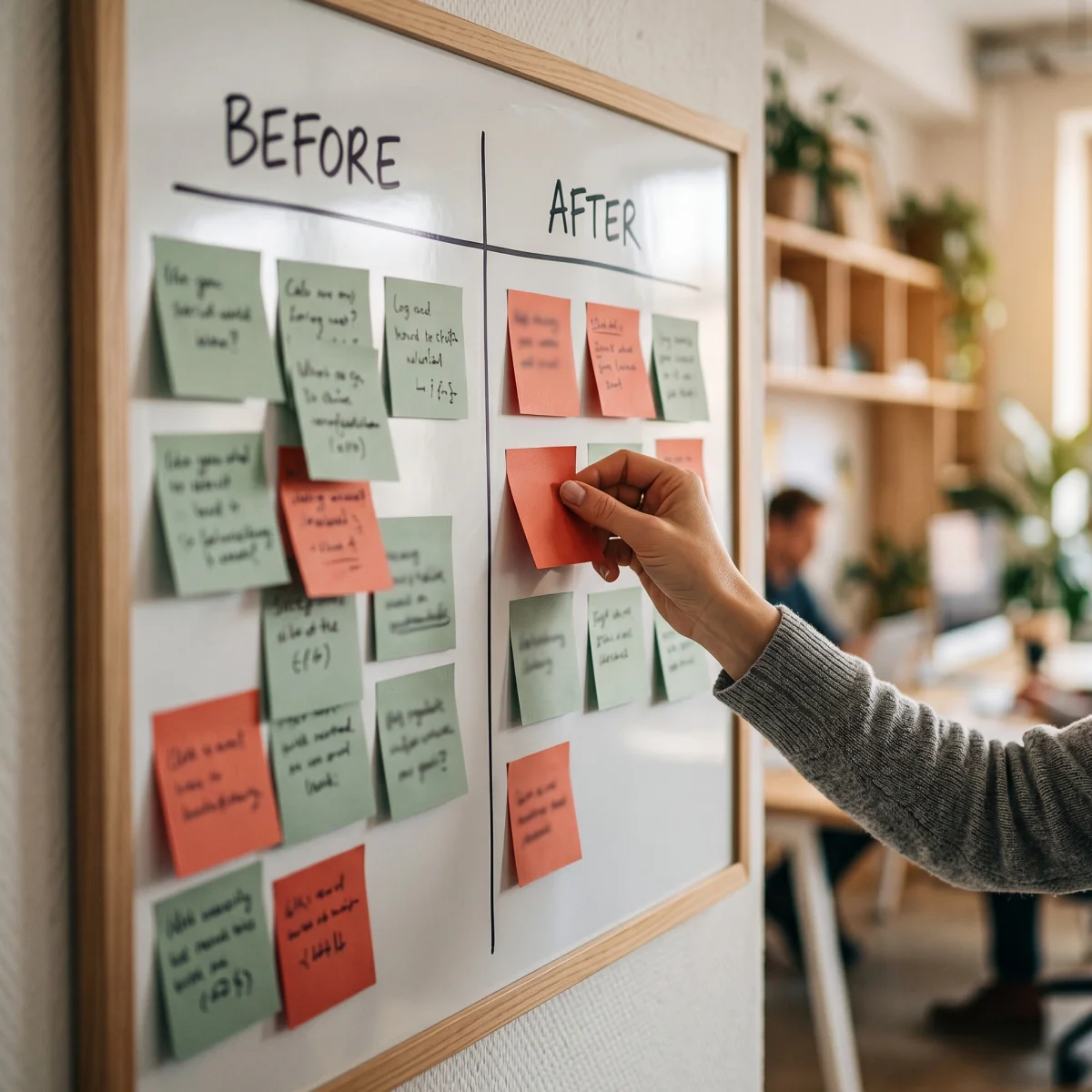 A board showing example goals before and after the SMART method