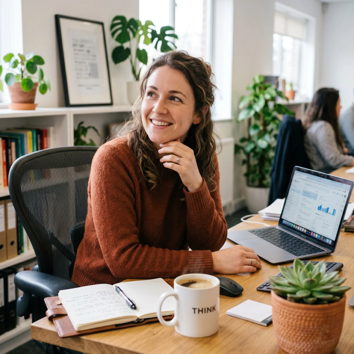 A woman sitting at a desk thinking about goals