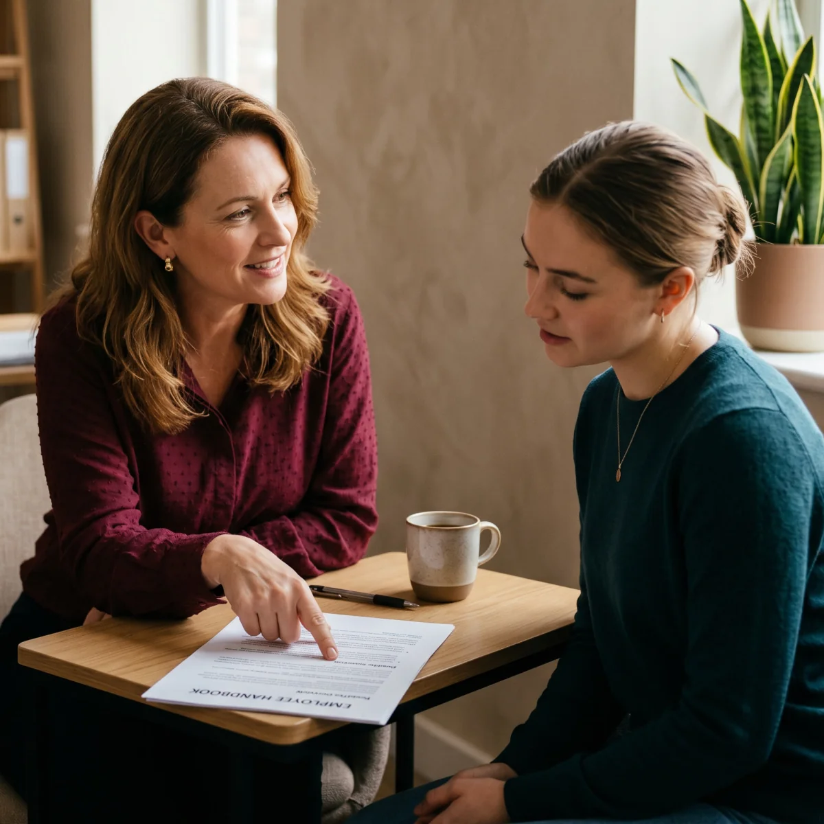 HR professional explaining separation paperwork to a departing employee