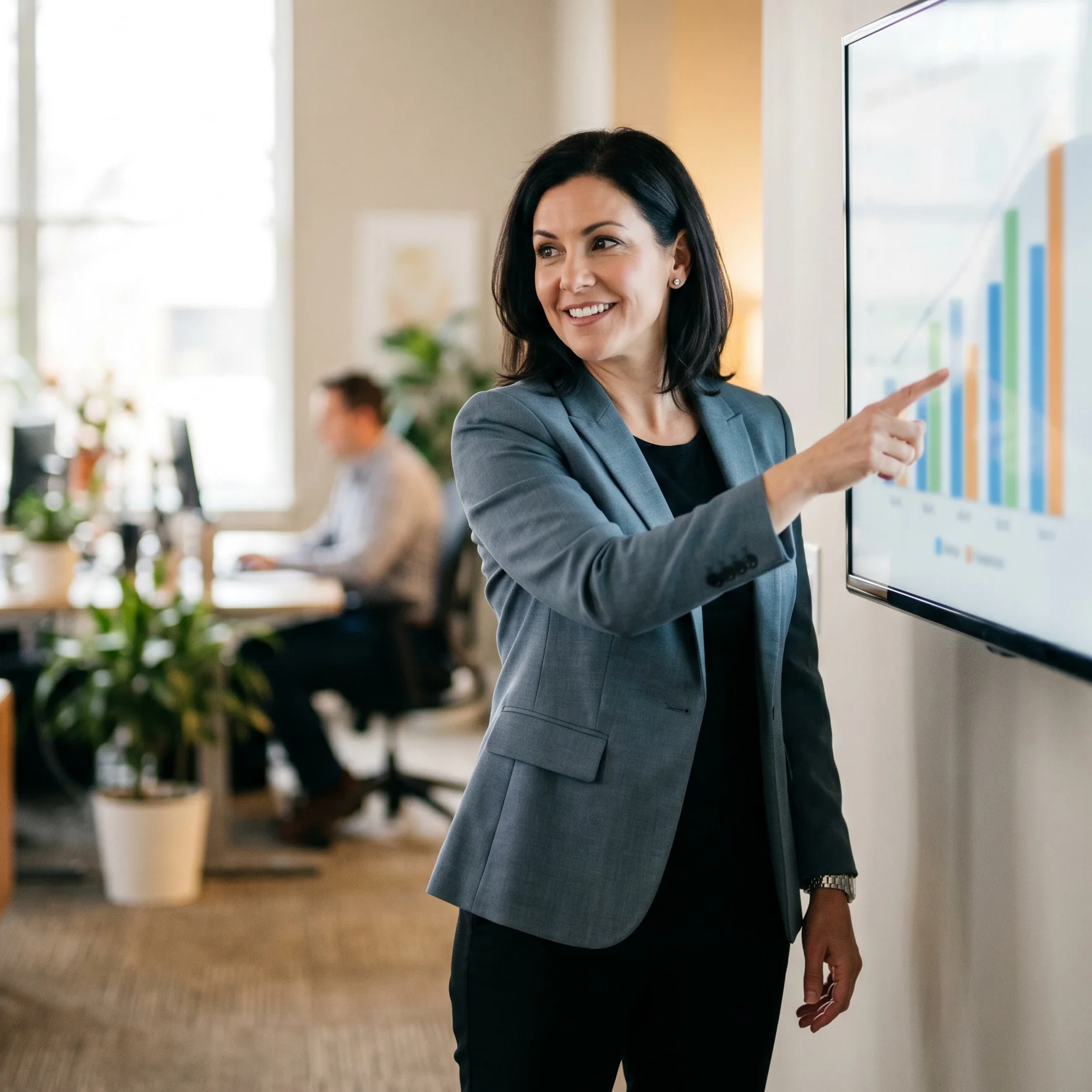 Manager showing on wall monitor KPI results