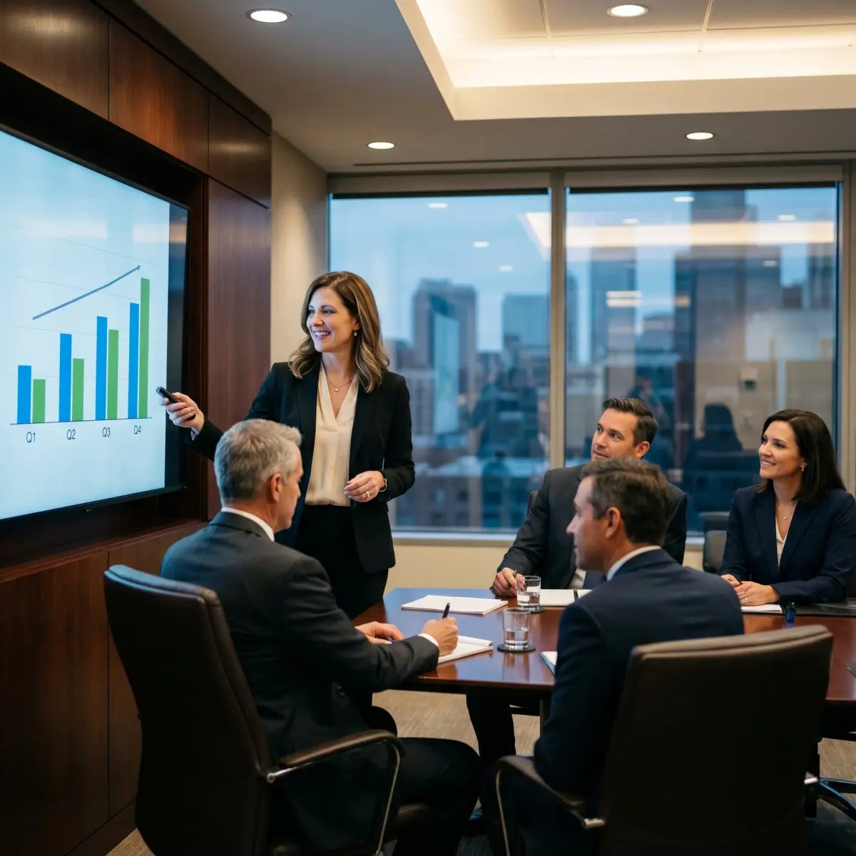 Managers in a boardroom reveiewing new hire stats