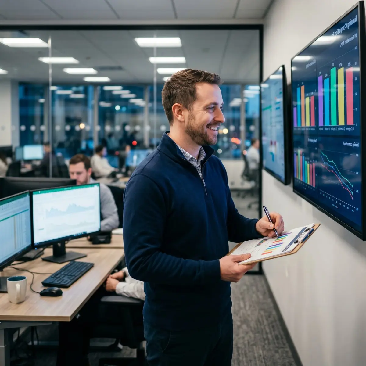 Manager reviewing KPI on wall mounted monitor
