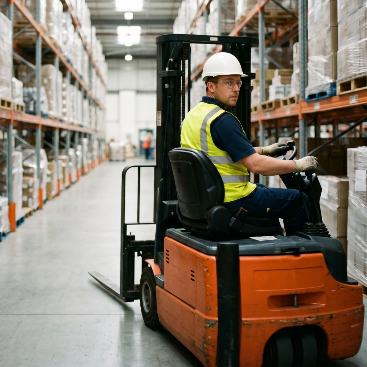 A warehouse worker operating a forklift, representing workers' compensation statistics and industry outlook