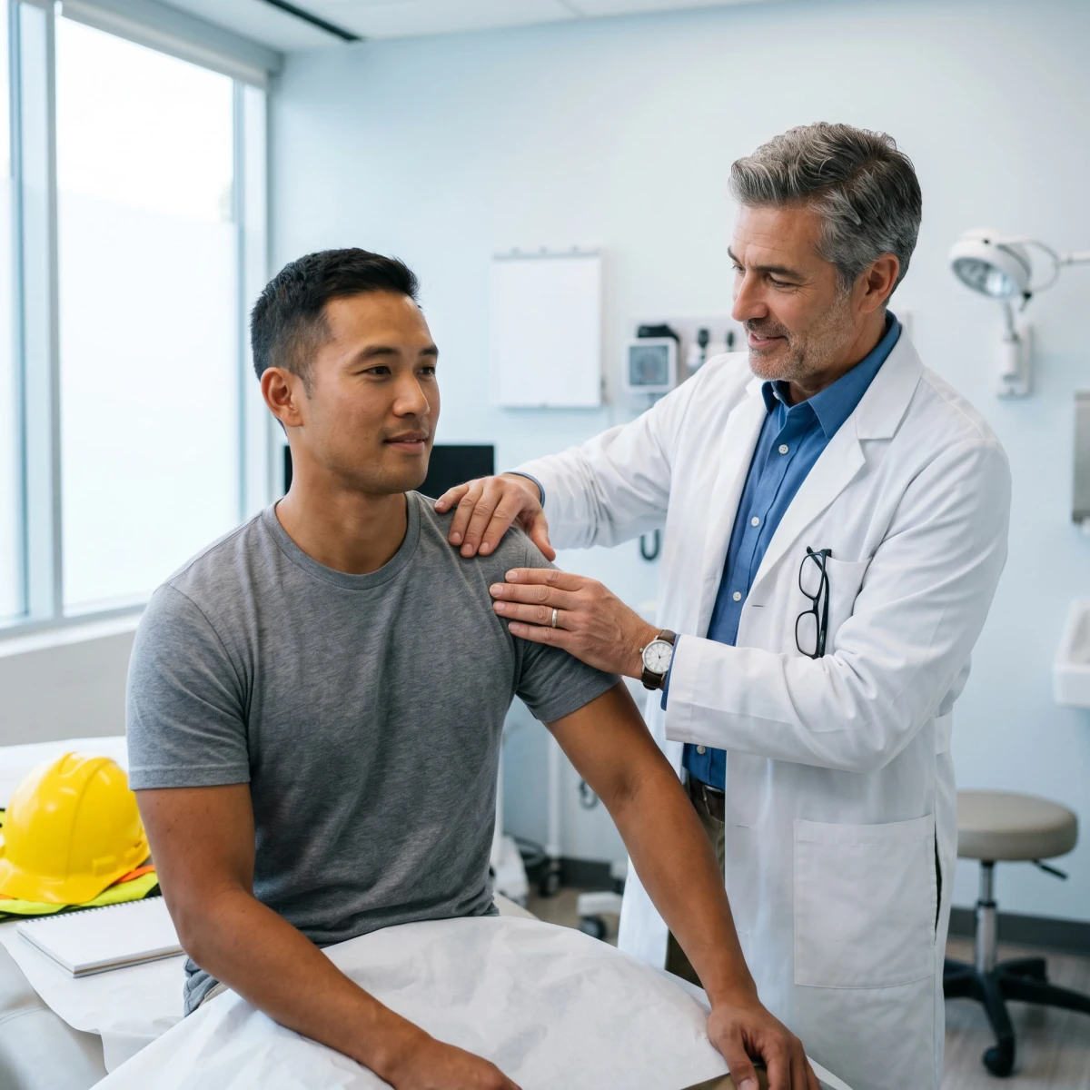 A doctor examining an injured worker's shoulder, representing what workers' compensation covers