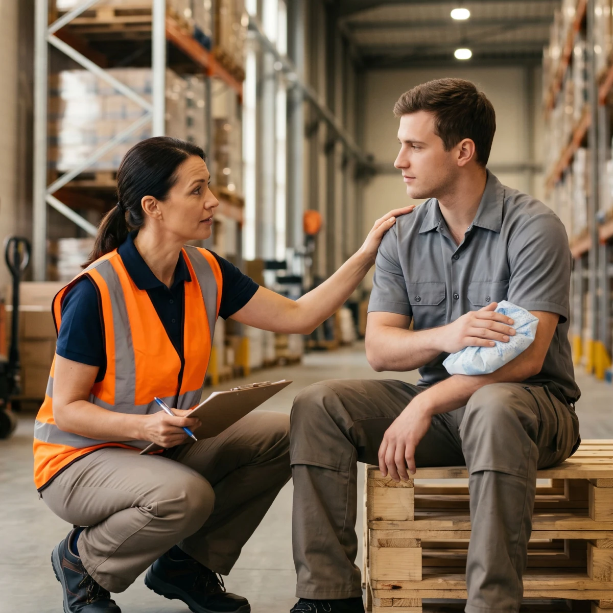 A supervisor helping an injured employee on a worksite, representing what workers' compensation is