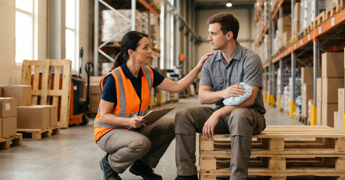 Wide shot of a supervisor assisting an injured worker while a coworker documents the incident, illustrating the workers' compensation process