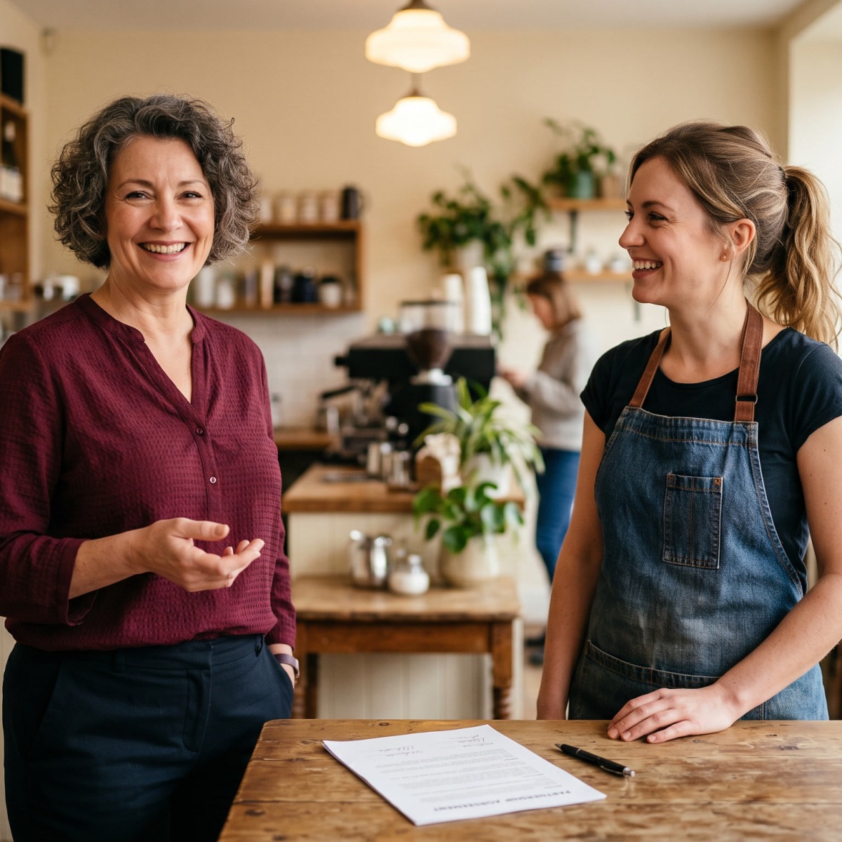 Wide shot of business owner and employee going over agreement