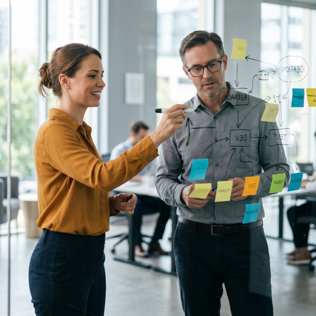Two managers discussing how the employee leasing workflow moves between a client business and a leasing company