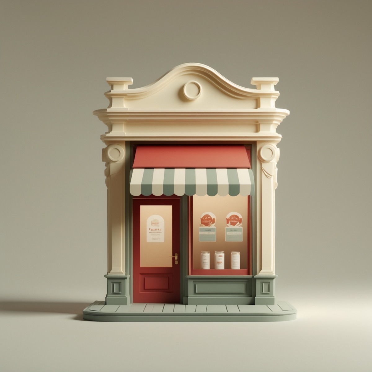 A clay model of a small-business store front