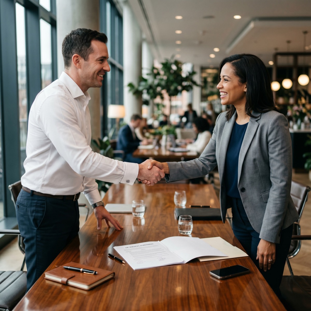 An HR advisor shaking hands with a small-business owner