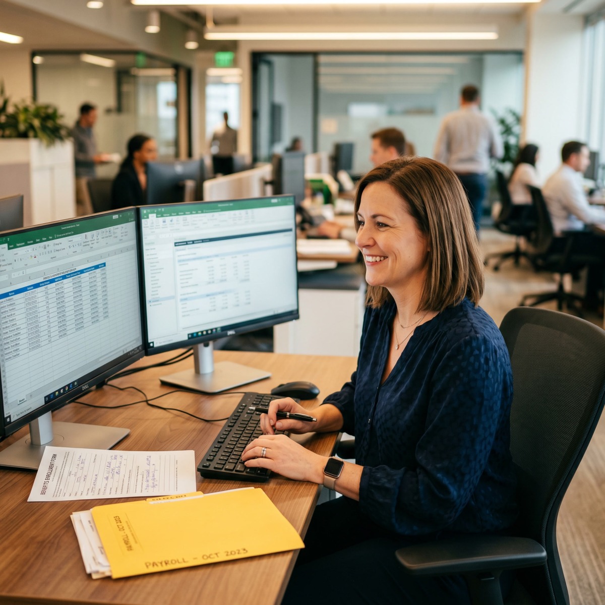 A payroll administrator at a workstation managing the core services a PEO provides