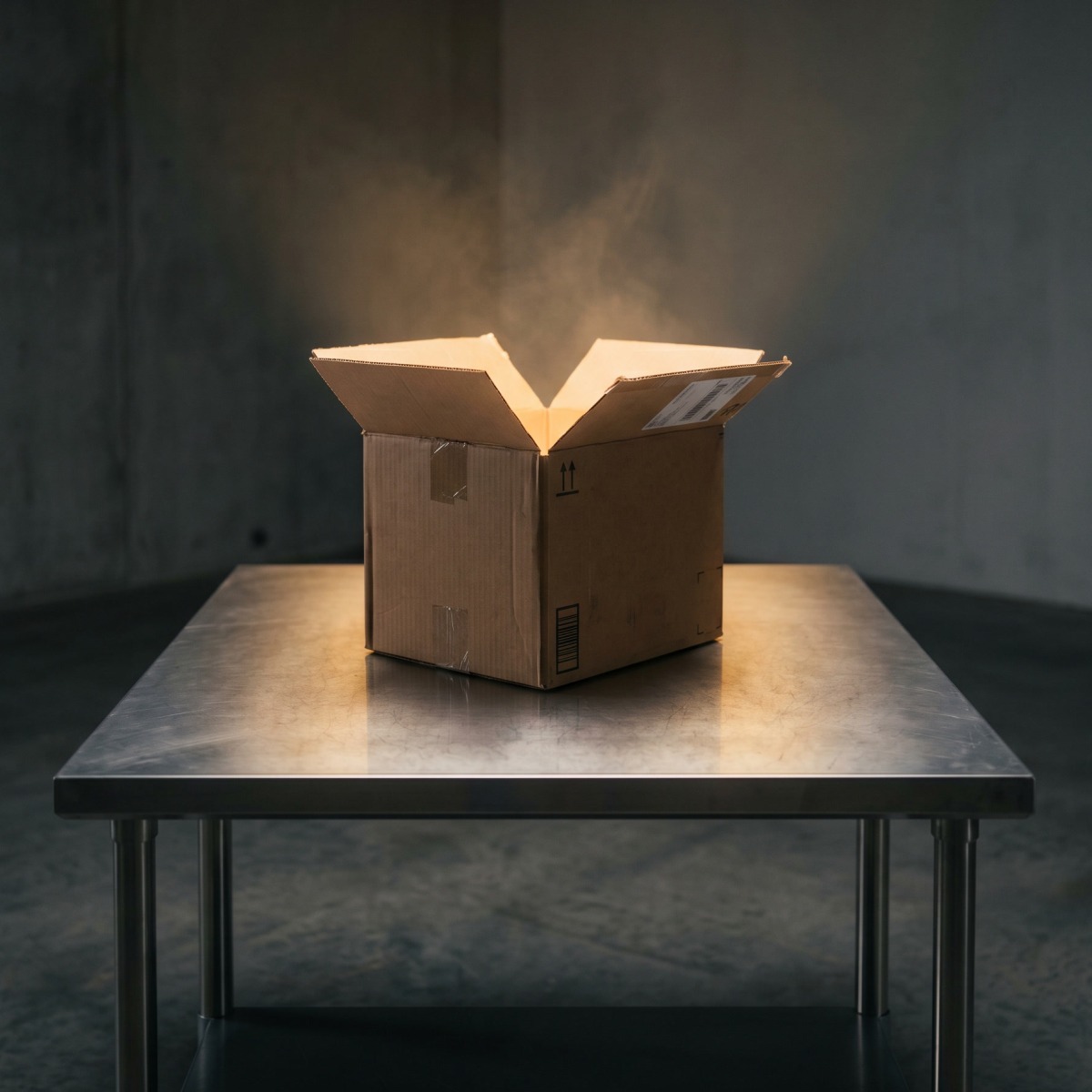 An open box on a metal table with light streaming out, representing the core PEO services