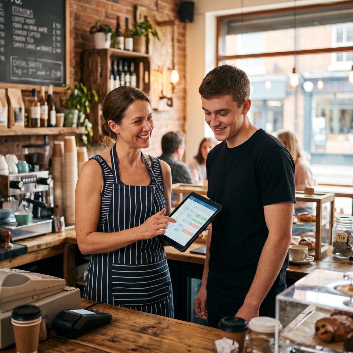 A small-business owner showing something on a tablet to an employee in a shop