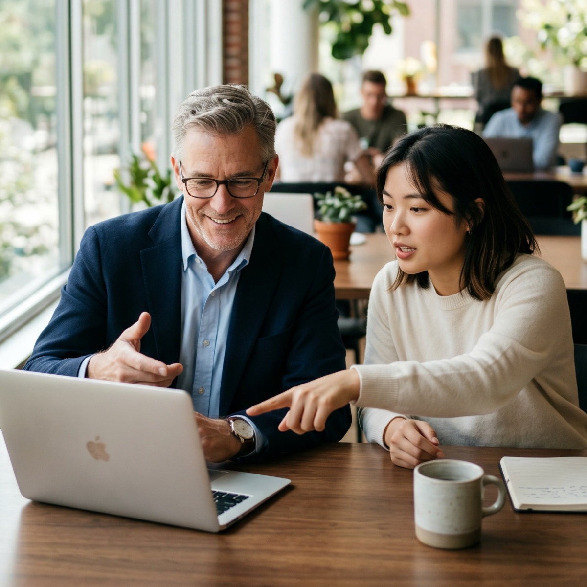 An advisor explaining common small-business challenge topics to an owner from a laptop