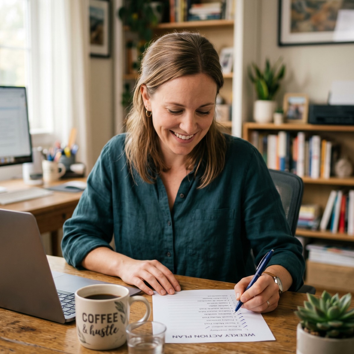 A small-business owner sitting at a desk checking off a step-by-step plan to overcome business challenges