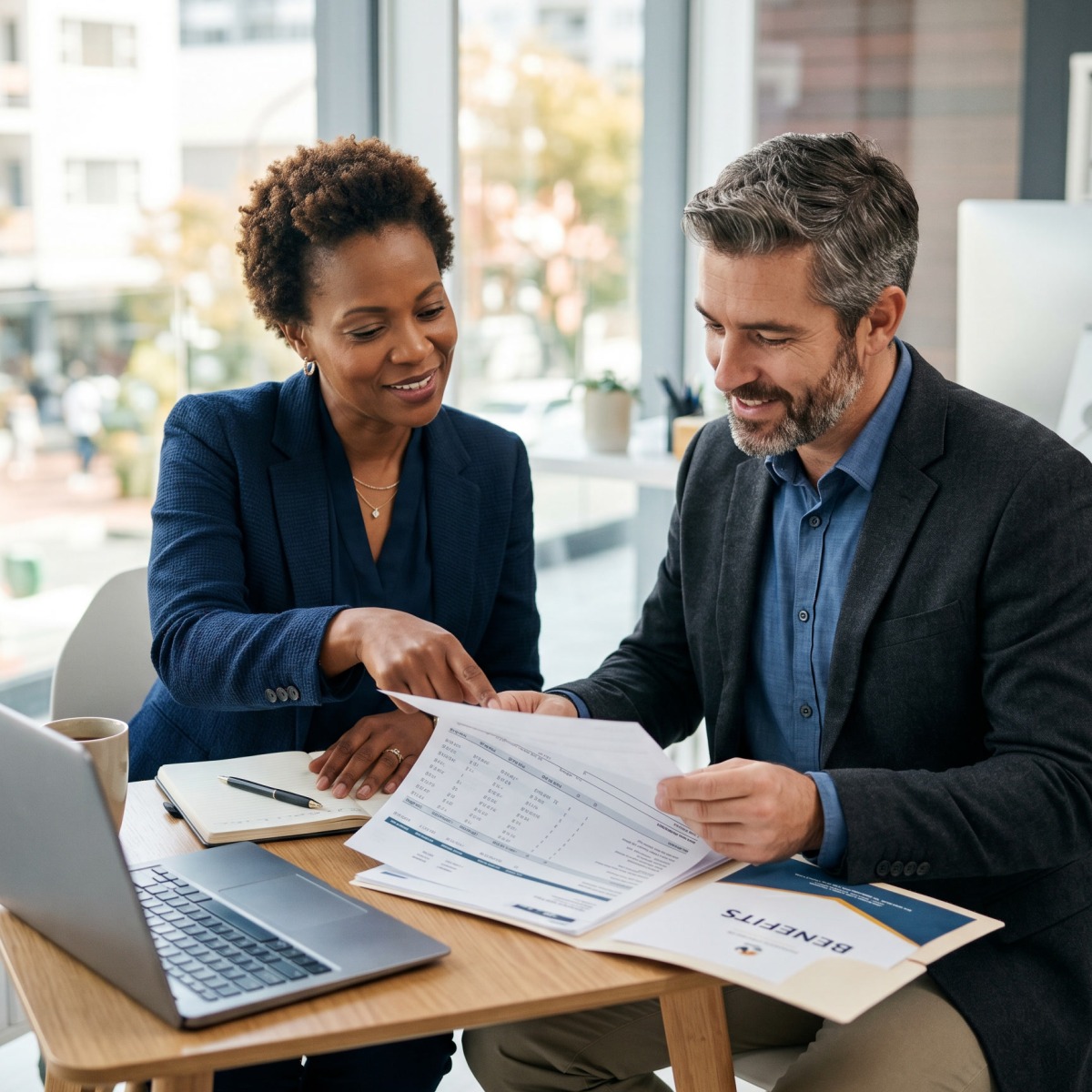 A small-business owner reviewing HR, payroll, and compliance documents with an advisor