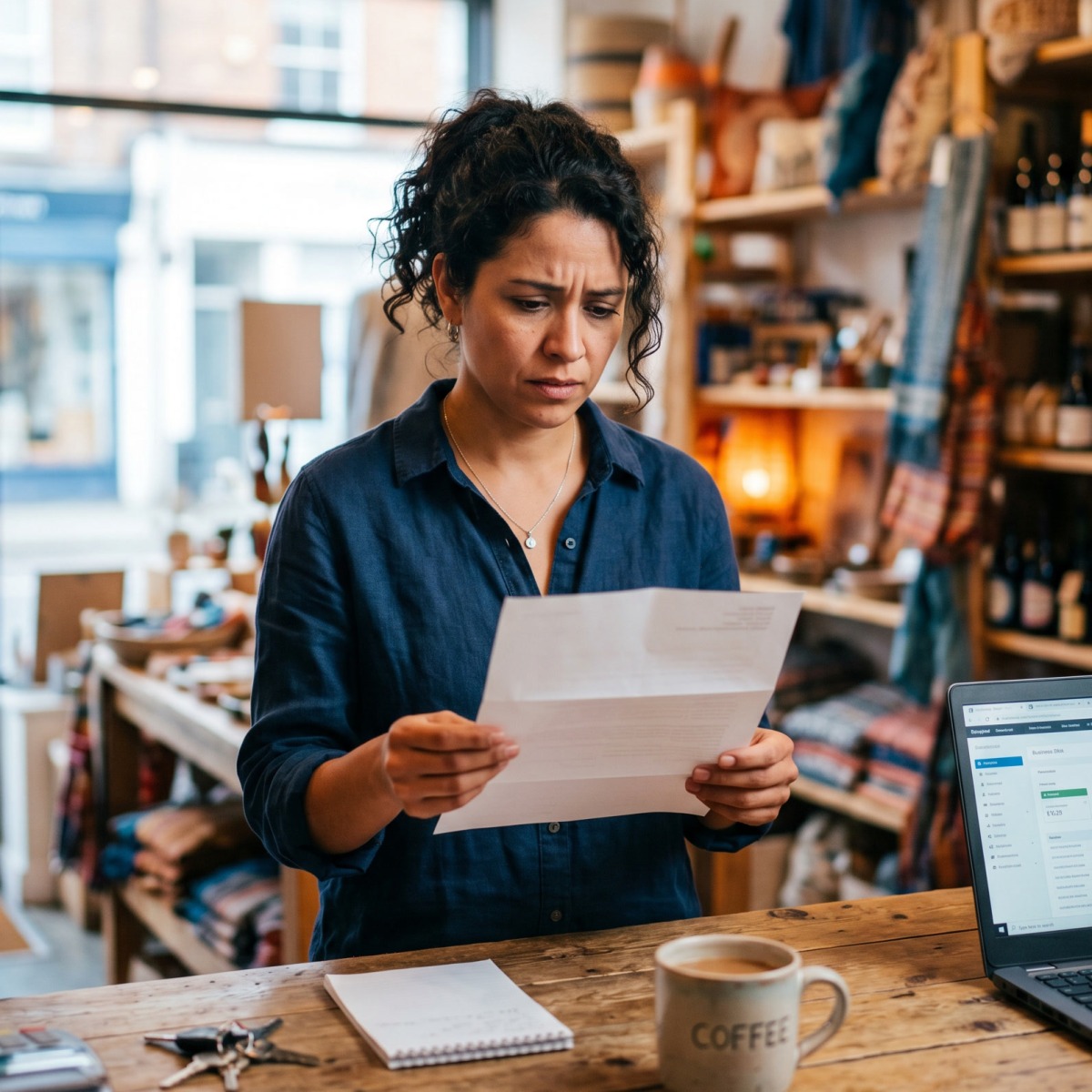 A stressed small-business owner reviewing bills, representing the real cost of small business challenges