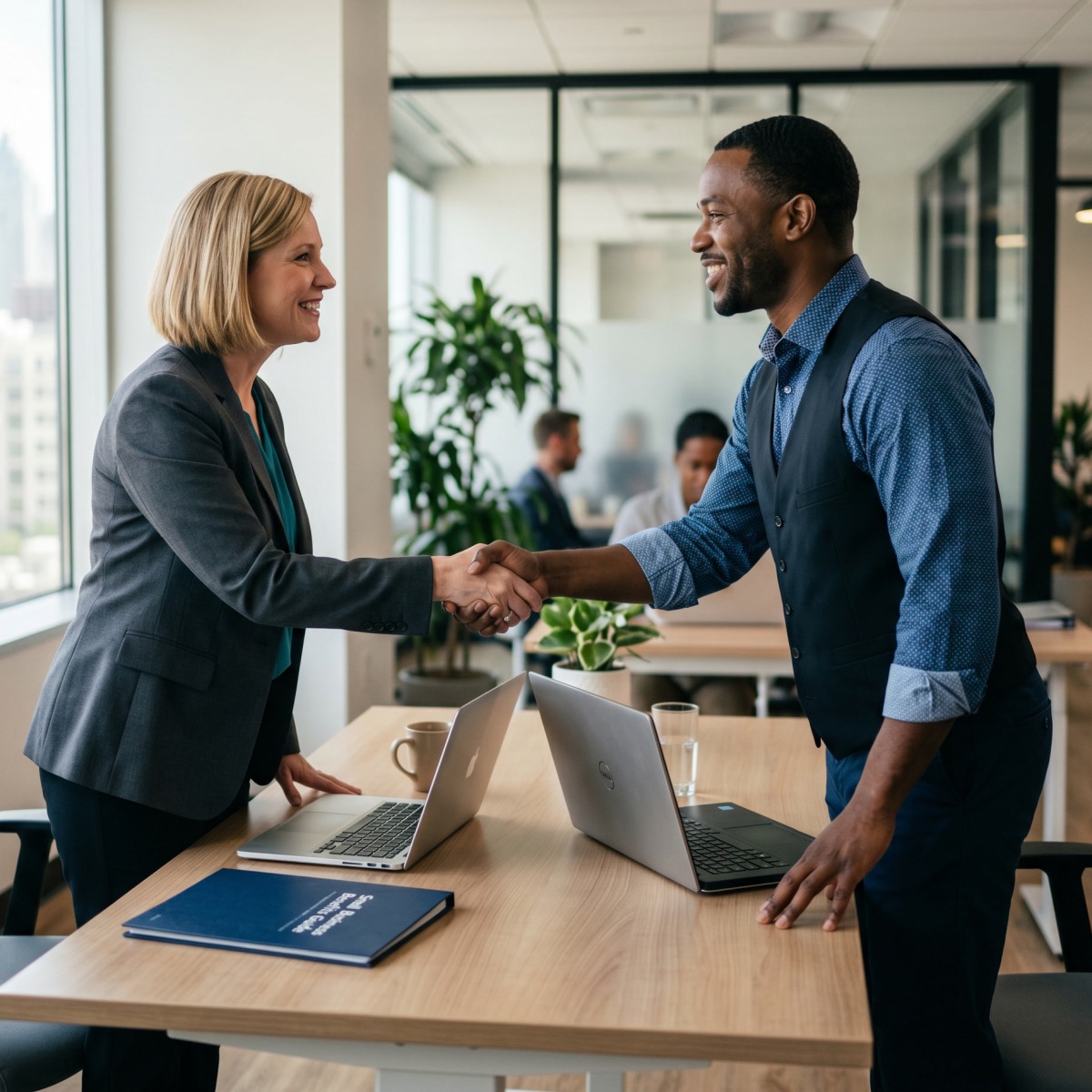 A PEO advisor shaking hands with a small-business owner